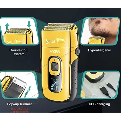Aparat de ras electric profesional Shaver VGR V 332 lame duble 3 viteze reglabile cu afisaj digital