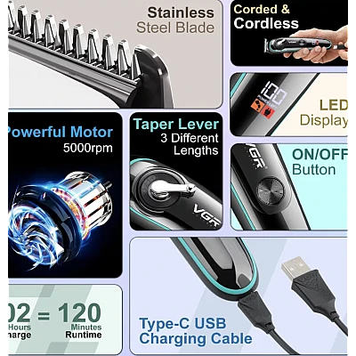 Trimmer profesional de tuns VGR V 075 cu afisaj LED si 4 piepteni Trimmer profesional de tuns VGR V 075 cu afisaj LED si 4 piepteni
