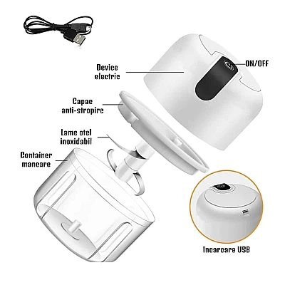 Mini tocator electric de bucatarie incarcare USB 250ml cu 3 lame Alb Mini tocator electric de bucatarie incarcare USB 250ml cu 3 lame Alb