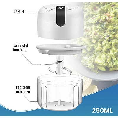 Mini tocator electric de bucatarie incarcare USB 250ml cu 3 lame Alb Mini tocator electric de bucatarie incarcare USB 250ml cu 3 lame Alb