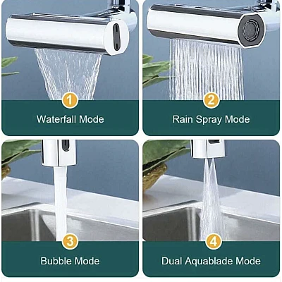 Robinet de bucatarie cu extensie 4 moduri curgere apa cascada picaturi de ploaie bule si 2 jeturi Robinet de bucatarie cu extensie 4 moduri curgere apa cascada picaturi de ploaie bule si 2 jeturi
