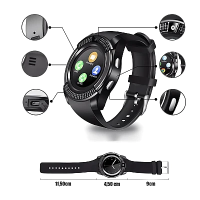 Ceas Smartwatch V8 cu functie apelare SMS camera Bluetooth Android Negru Ceas Smartwatch V8 cu functie apelare SMS camera Bluetooth Android Negru