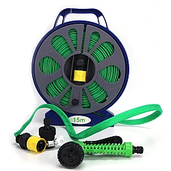 Set pentru stropit furtun textil flexibil 15m cu tambur pistol de pulverizat 7 in 1