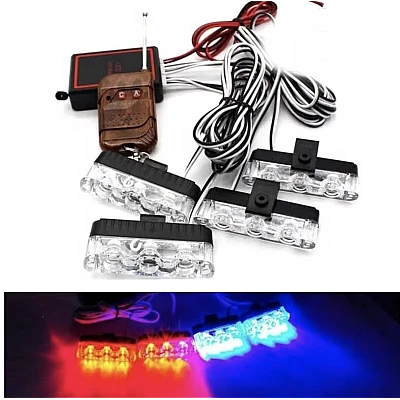 Set 4 lumini LED de avertizare rosu albastru pentru grila functii stroboscop 36W 12V Set 4 lumini LED de avertizare rosu albastru pentru grila functii stroboscop 36W 12V