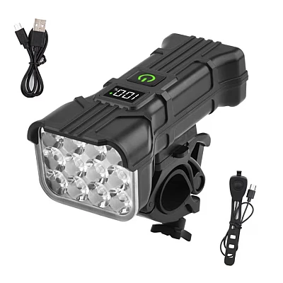 Far LED pentru bicicleta 12 leduri claxon 120 decibeli 5 moduri de iluminare afisaj baterie 4000 lumeni Far LED pentru bicicleta 12 leduri claxon 120 decibeli 5 moduri de iluminare afisaj baterie 4000 lumeni