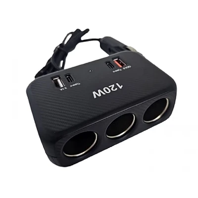 Piza auto bricheta 120W cu 3 prize 2 porturi USB 2 porturi Type C 1656 Piza auto bricheta 120W cu 3 prize 2 porturi USB 2 porturi Type C 1656