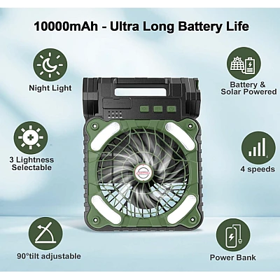 Ventilator de camping cu baterie de 10400Mah solar pentru exterior cu lumina led cu 4 viteze