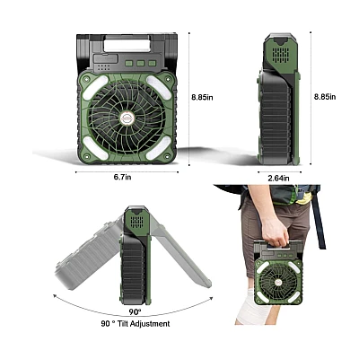 Ventilator de camping cu baterie de 10400Mah solar pentru exterior cu lumina led cu 4 viteze
