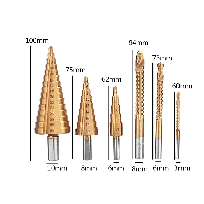Set 3 burghie freza conica metal in trepte 4 30mm + 3 burghie frezare Set 3 burghie freza conica metal in trepte 4 30mm + 3 burghie frezare