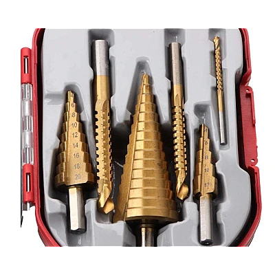 Set 3 burghie freza conica metal in trepte 4 30mm + 3 burghie frezare Set 3 burghie freza conica metal in trepte 4 30mm + 3 burghie frezare
