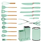Set ustensile bucatarie 19 piese silicon alimentar cutite tocator termorezistente antiaderente suport blat VERDE MENTA
