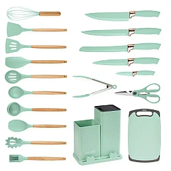 Set ustensile bucatarie 19 piese silicon alimentar cutite tocator termorezistente antiaderente suport blat VERDE MENTA