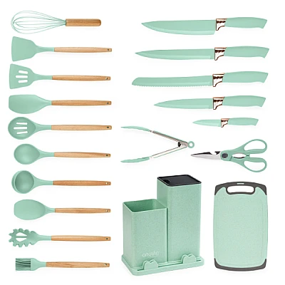 Set ustensile bucatarie 19 piese silicon alimentar cutite tocator termorezistente antiaderente suport blat VERDE MENTA Set ustensile bucatarie 19 piese silicon alimentar cutite tocator termorezistente antiaderente suport blat VERDE MENTA