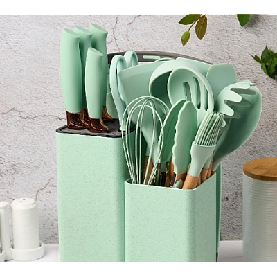 Set ustensile bucatarie 19 piese silicon alimentar cutite tocator termorezistente antiaderente suport blat VERDE MENTA Set ustensile bucatarie 19 piese silicon alimentar cutite tocator termorezistente antiaderente suport blat VERDE MENTA