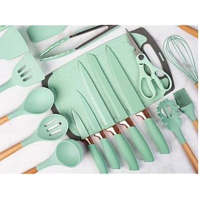 Set ustensile bucatarie 19 piese silicon alimentar cutite tocator termorezistente antiaderente suport blat VERDE MENTA Set ustensile bucatarie 19 piese silicon alimentar cutite tocator termorezistente antiaderente suport blat VERDE MENTA