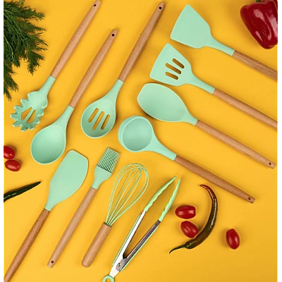 Set ustensile bucatarie 19 piese silicon alimentar cutite tocator termorezistente antiaderente suport blat VERDE MENTA Set ustensile bucatarie 19 piese silicon alimentar cutite tocator termorezistente antiaderente suport blat VERDE MENTA