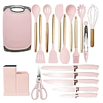 Set ustensile bucatarie 19 piese silicon alimentar cutite tocator termorezistente antiaderente suport blat ROZ