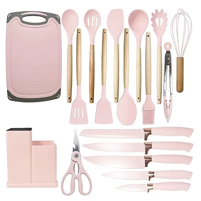 Set ustensile bucatarie 19 piese silicon alimentar cutite tocator termorezistente antiaderente suport blat ROZ Set ustensile bucatarie 19 piese silicon alimentar cutite tocator termorezistente antiaderente suport blat ROZ