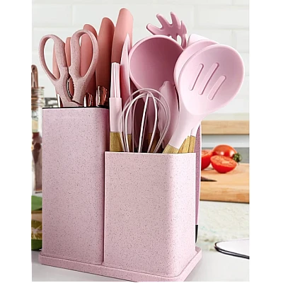 Set ustensile bucatarie 19 piese silicon alimentar cutite tocator termorezistente antiaderente suport blat ROZ Set ustensile bucatarie 19 piese silicon alimentar cutite tocator termorezistente antiaderente suport blat ROZ