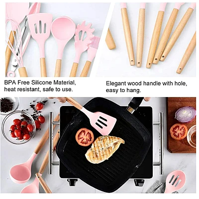 Set ustensile bucatarie 19 piese silicon alimentar cutite tocator termorezistente antiaderente suport blat ROZ Set ustensile bucatarie 19 piese silicon alimentar cutite tocator termorezistente antiaderente suport blat ROZ