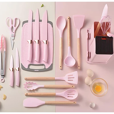 Set ustensile bucatarie 19 piese silicon alimentar cutite tocator termorezistente antiaderente suport blat ROZ Set ustensile bucatarie 19 piese silicon alimentar cutite tocator termorezistente antiaderente suport blat ROZ