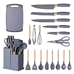 Set ustensile bucatarie 19 piese silicon alimentar cutite tocator termorezistente antiaderente suport blat GRI