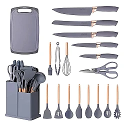 Set ustensile bucatarie 19 piese silicon alimentar cutite tocator termorezistente antiaderente suport blat GRI