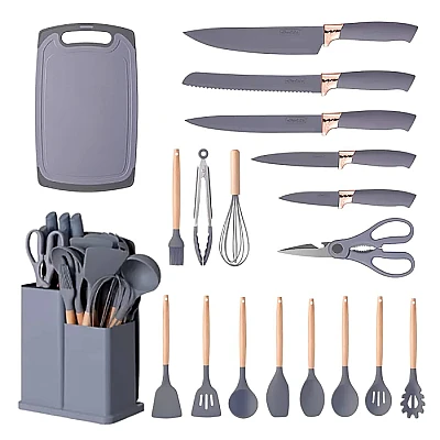 Set ustensile bucatarie 19 piese silicon alimentar cutite tocator termorezistente antiaderente suport blat GRI Set ustensile bucatarie 19 piese silicon alimentar cutite tocator termorezistente antiaderente suport blat GRI