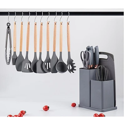 Set ustensile bucatarie 19 piese silicon alimentar cutite tocator termorezistente antiaderente suport blat GRI Set ustensile bucatarie 19 piese silicon alimentar cutite tocator termorezistente antiaderente suport blat GRI