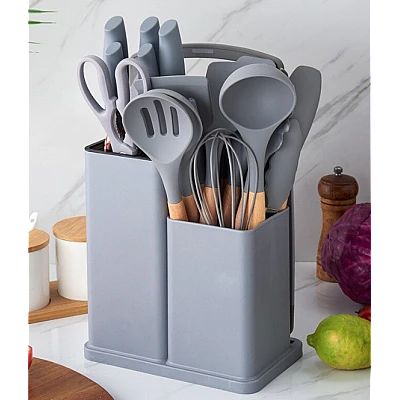 Set ustensile bucatarie 19 piese silicon alimentar cutite tocator termorezistente antiaderente suport blat GRI Set ustensile bucatarie 19 piese silicon alimentar cutite tocator termorezistente antiaderente suport blat GRI
