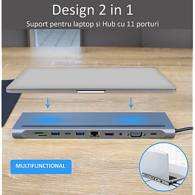 Adaptor Hub Multiport 11 in 1 USB C Docking Station pentru Laptop Q HU990 Adaptor Hub Multiport 11 in 1 USB C Docking Station pentru Laptop Q HU990