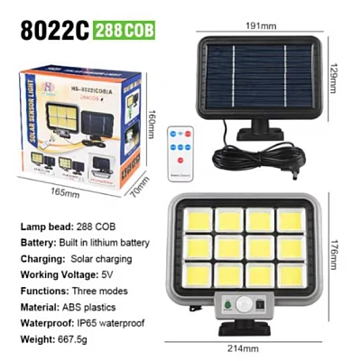 Proiector solar 288LED 50W senzor de miscare HS 8022 telecomanda 3 moduri de iluminare 12 casete Proiector solar 288LED 50W senzor de miscare HS 8022 telecomanda 3 moduri de iluminare 12 casete