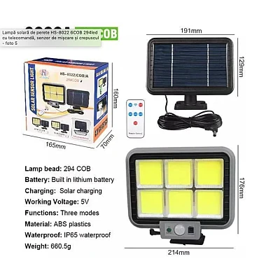 Proiector solar 294LED 50W senzor de miscare HS 8022 telecomanda 3 moduri de iluminare 6 casete Proiector solar 294LED 50W senzor de miscare HS 8022 telecomanda 3 moduri de iluminare 6 casete