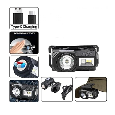 Lanterna de cap T131 cu senzor de miscare si clema pentru palarie USB XPE LED 400 lm Lanterna de cap T131 cu senzor de miscare si clema pentru palarie USB XPE LED 400 lm