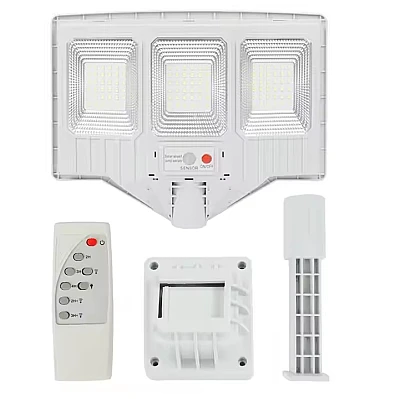 Lampa solara stradala cu telecomanda JG 703 cu 3 casete 108 LED 6000K senzor de miscare 100W Lampa solara stradala cu telecomanda JG 703 cu 3 casete 108 LED 6000K senzor de miscare 100W