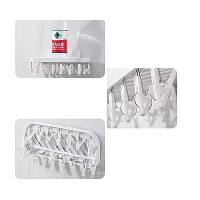 Suport autoadeziv pentru baie cu 17 cleme pliabil 36 x 15 x 14.5 cm alb