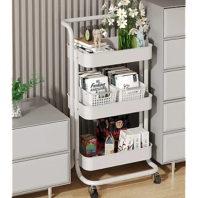 Raft portabil cu 3 nivele de depozitare maner pentru transportare din metal 45x37x82cm ALB Raft portabil cu 3 nivele de depozitare maner pentru transportare din metal 45x37x82cm ALB