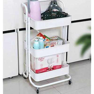 Raft portabil cu 3 nivele de depozitare maner pentru transportare din metal 45x37x82cm ALB Raft portabil cu 3 nivele de depozitare maner pentru transportare din metal 45x37x82cm ALB