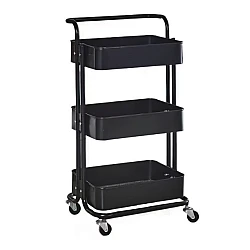 Raft portabil cu 3 nivele de depozitare maner pentru transportare din metal 45x37x82cm NEGRU
