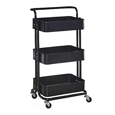 Raft portabil cu 3 nivele de depozitare maner pentru transportare din metal 45x37x82cm NEGRU Raft portabil cu 3 nivele de depozitare maner pentru transportare din metal 45x37x82cm NEGRU