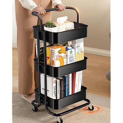 Raft portabil cu 3 nivele de depozitare maner pentru transportare din metal 45x37x82cm NEGRU Raft portabil cu 3 nivele de depozitare maner pentru transportare din metal 45x37x82cm NEGRU