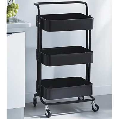 Raft portabil cu 3 nivele de depozitare maner pentru transportare din metal 45x37x82cm NEGRU Raft portabil cu 3 nivele de depozitare maner pentru transportare din metal 45x37x82cm NEGRU