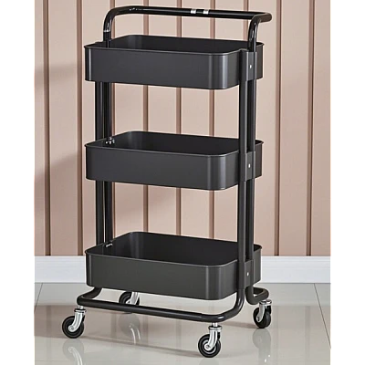 Raft portabil cu 3 nivele de depozitare maner pentru transportare din metal 45x37x82cm NEGRU Raft portabil cu 3 nivele de depozitare maner pentru transportare din metal 45x37x82cm NEGRU