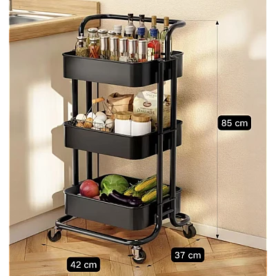 Raft portabil cu 3 nivele de depozitare maner pentru transportare din metal 45x37x82cm NEGRU Raft portabil cu 3 nivele de depozitare maner pentru transportare din metal 45x37x82cm NEGRU