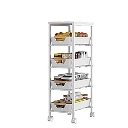 Organizator slim portabil cu 5 nivele 4 rafturi retractabile rotativ 360 1 polita din MDF ALB
