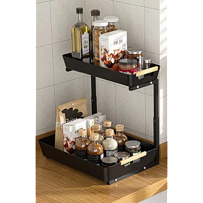 Organizator pentru bucatarie sau baie cu 2 rafturi retractabile inaltime ajustabila Organizator pentru bucatarie sau baie cu 2 rafturi retractabile inaltime ajustabila