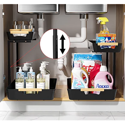 Organizator pentru bucatarie sau baie cu 2 rafturi retractabile inaltime ajustabila Organizator pentru bucatarie sau baie cu 2 rafturi retractabile inaltime ajustabila