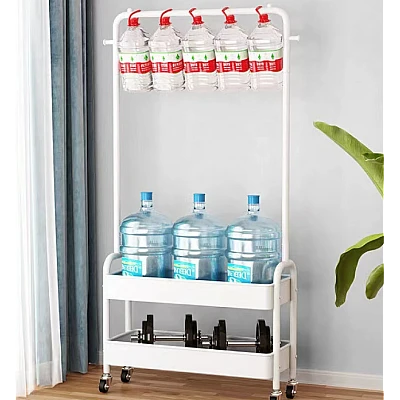 Suport portabil din otel carbon pentru umerase si haine 2 rafturi 2 carlige 4 rotile Suport portabil din otel carbon pentru umerase si haine 2 rafturi 2 carlige 4 rotile