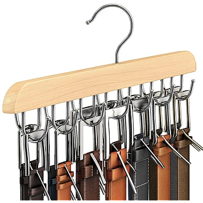 Umeras din lemn si otel cu 14 carlige rotative pentru curele 37 cm x 14 cm Umeras din lemn si otel cu 14 carlige rotative pentru curele 37 cm x 14 cm