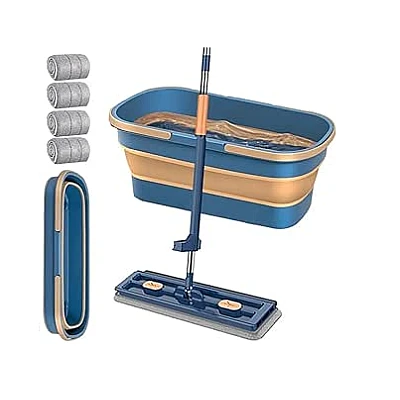 Set Mop cap rotativ si galeata pliabila Albastru / Galben Set Mop cap rotativ si galeata pliabila Albastru / Galben